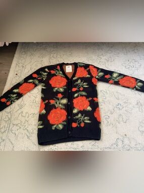 Tea Collection Black Cardigan with Red Floral Print